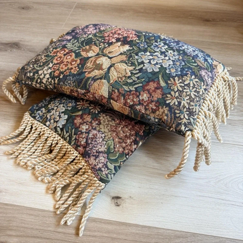 Floral Tapestry Accent Pillows with Fringe Set of 2 Vintage